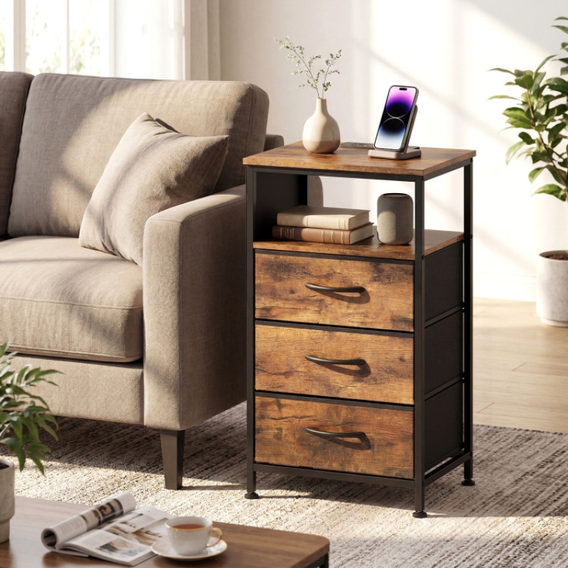 Nightstand With Charging Station and 3 Fabric Drawers