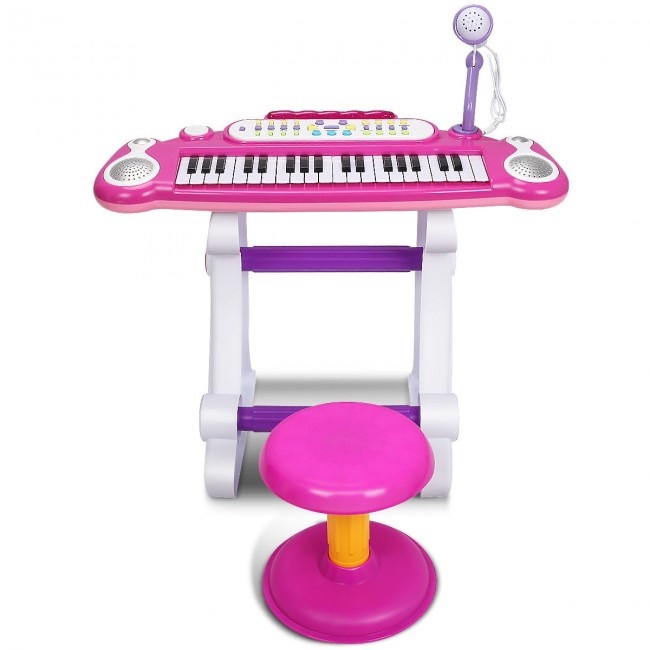 Kid's 37-Key Electronic Piano Toy With Microphone & Stool Color: Pink