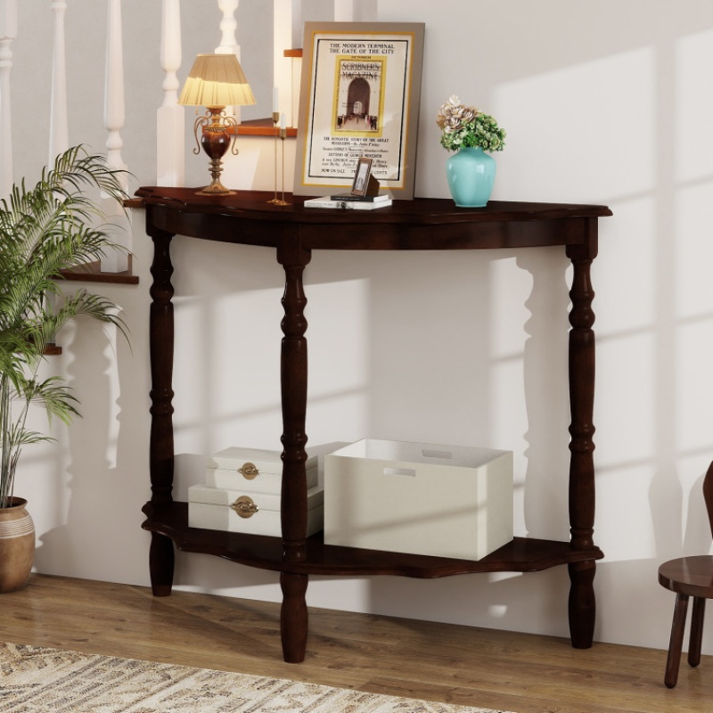 42 Inch Half Moon Console Table With Shelf And Rubber Wood Legs-Espresso