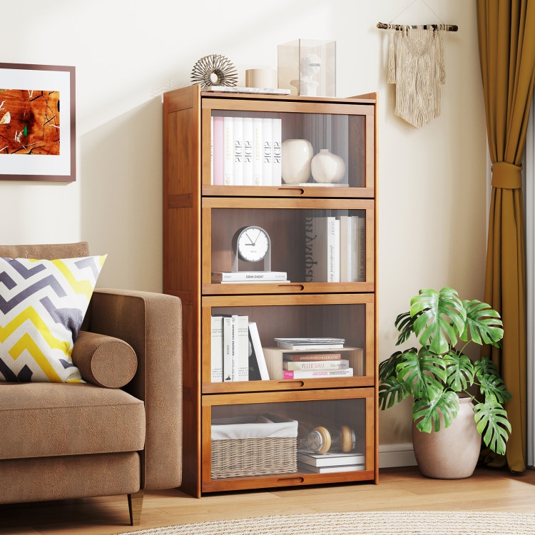 4-Tier Bamboo Bookcase With Doors - Brown