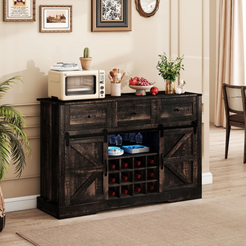 52 Inches Wine Bar Cabinet With Led Lights And Sliding Barn Doors-Black