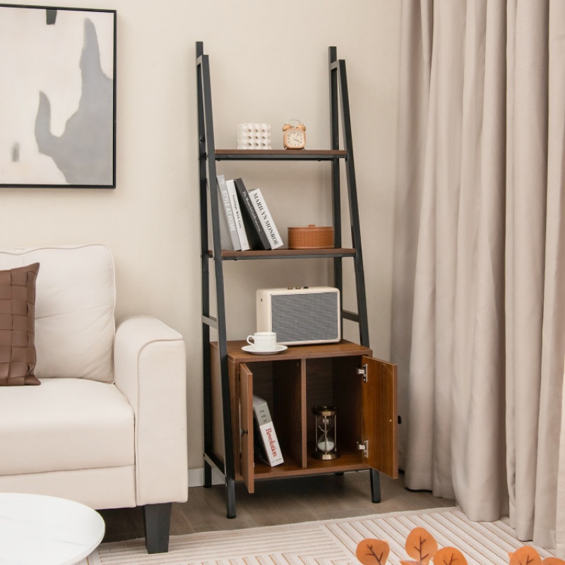 4-Tier Ladder Shelf With Cabinet And Metal Frame-Rustic Brown