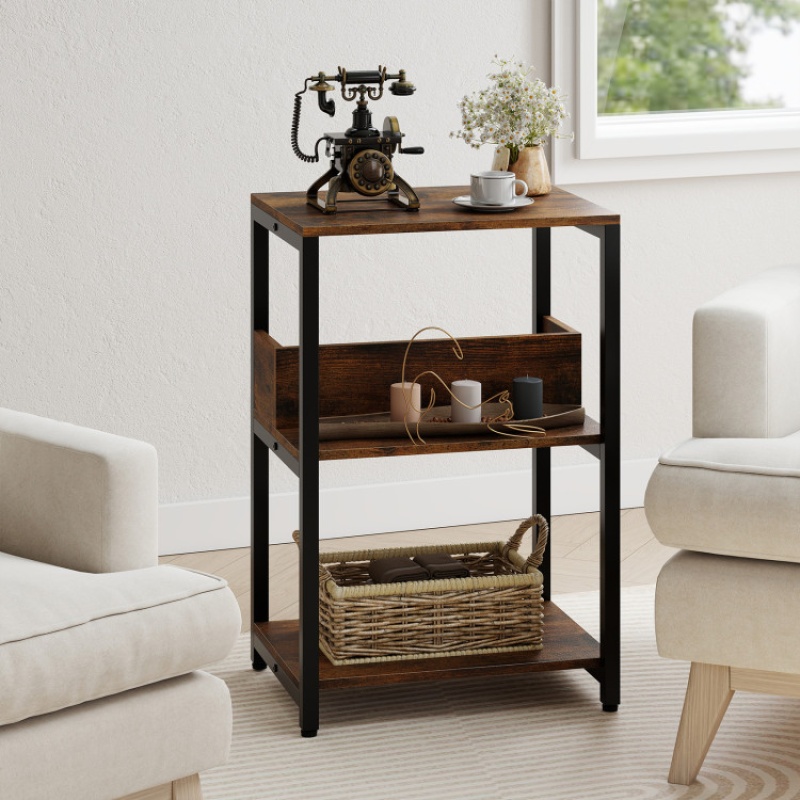 Side End Table With Charging Station and Open Shelves