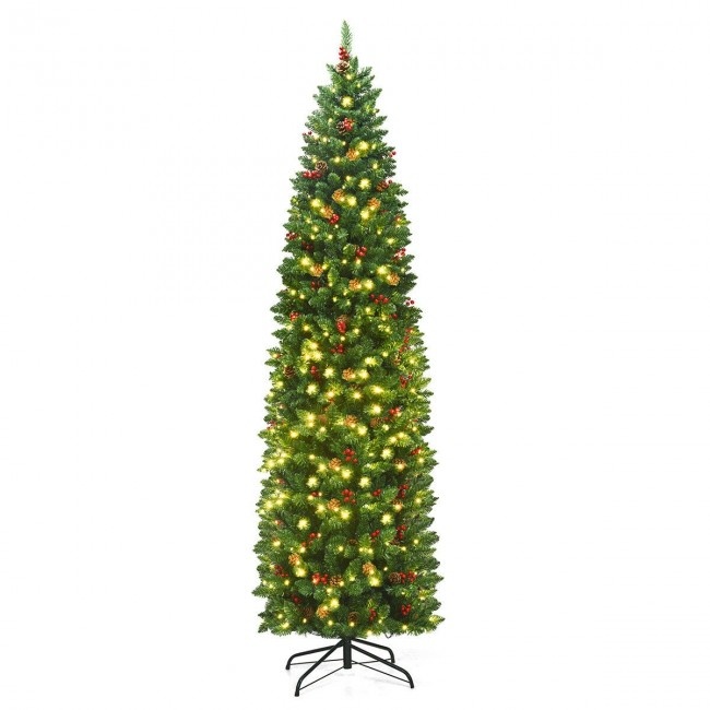 7.5 Feet Pre-Lit Hinged Pencil Christmas Tree With Pine Cones Red Berries