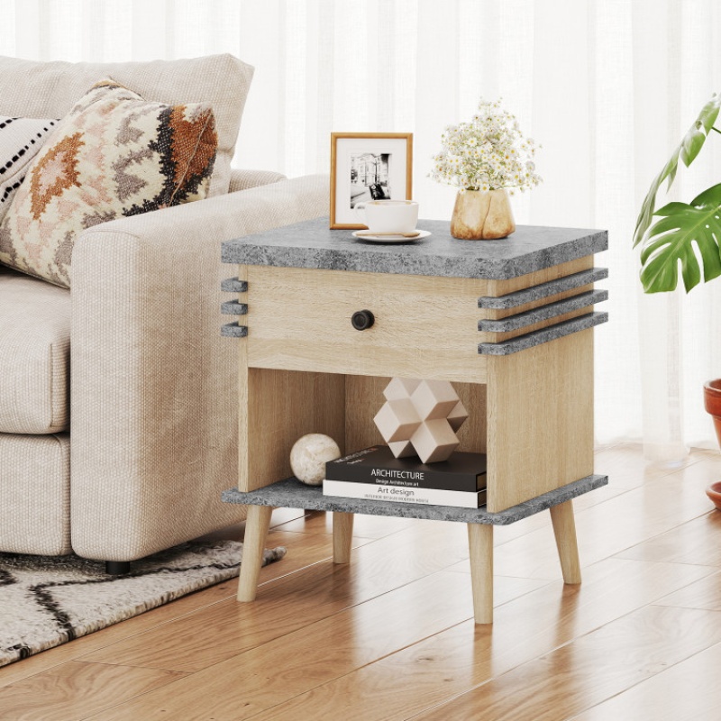 3-Tier Bedside Table Nightstand With Antique Grey Faux Marble Top-Grey