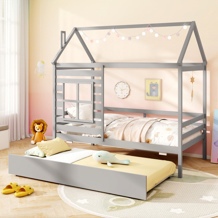 Twin Size Wooden Platform House Bed With Trundle and Roof - Grey