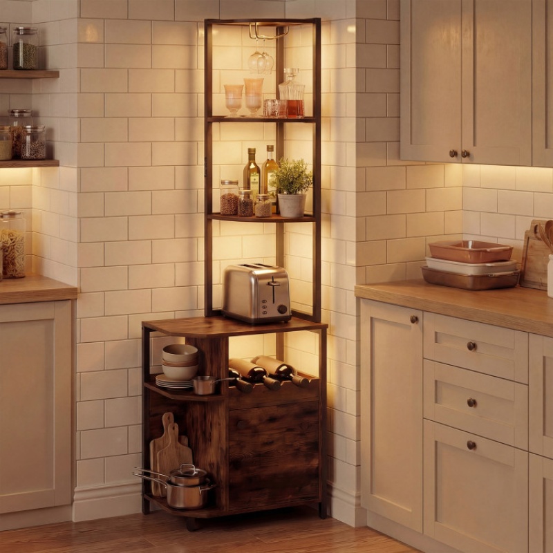 6-Tier Corner Bar Cabinet With Led Lights And Charging Station For Kitchen-Rustic Brown