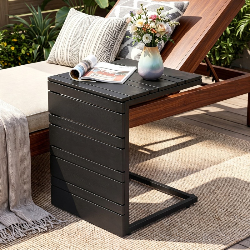 Space-Saving C-Shaped Side Table With Wood-Plastic Top For Indoor Outdoor-Black