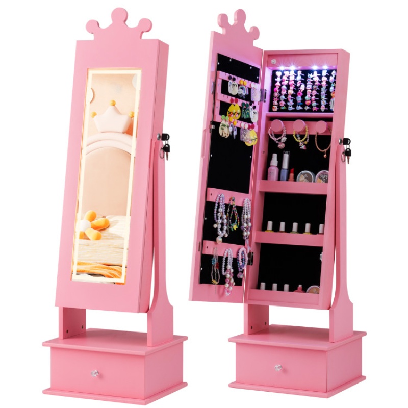 Kids Jewelry Armoire With 3-Color Lighted Full Length Mirror And Inside Led Lights