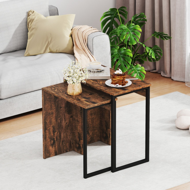 2-In-1 Nesting Coffee Table Set Of 2 For Living Room And Bedroom-Rustic Brown