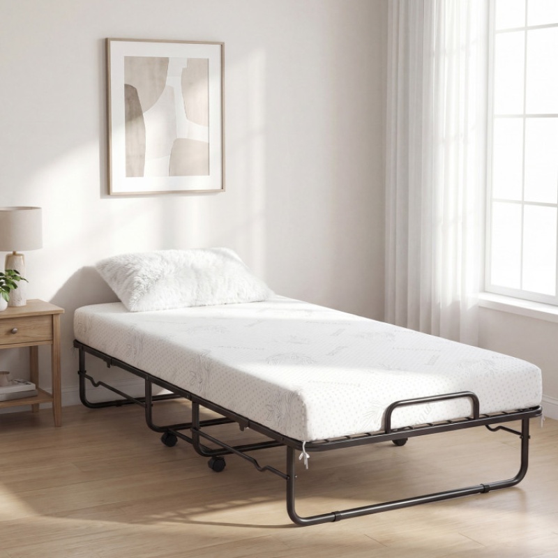 Twin Size Folding Bed With 5-Inch Mattress And Metal Frame For Apartment