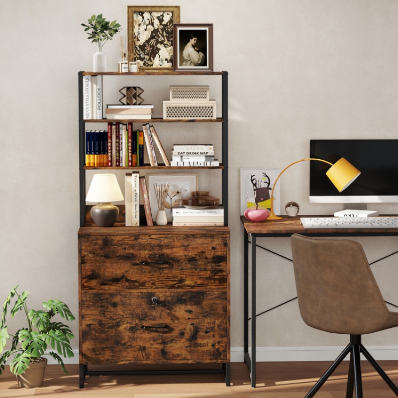 Letter Size Lateral File Cabinet With Lock And Bookshelf-Rustic Brown