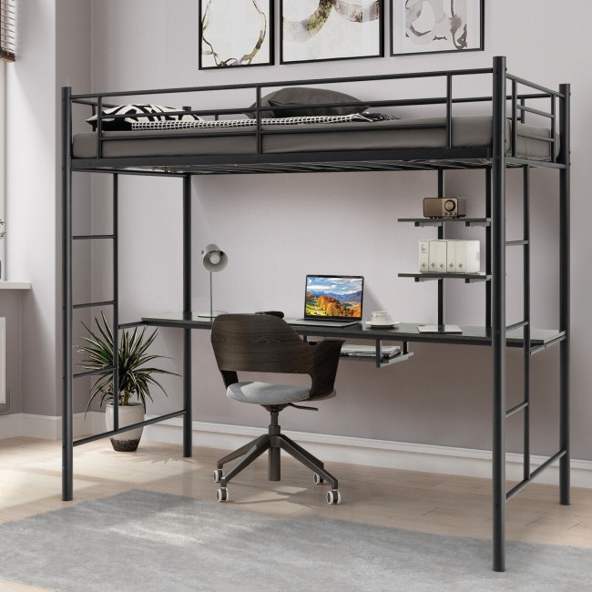 Twin Size Loft Bunk Bed With Desk Storage Shelf And Full Length Ladders