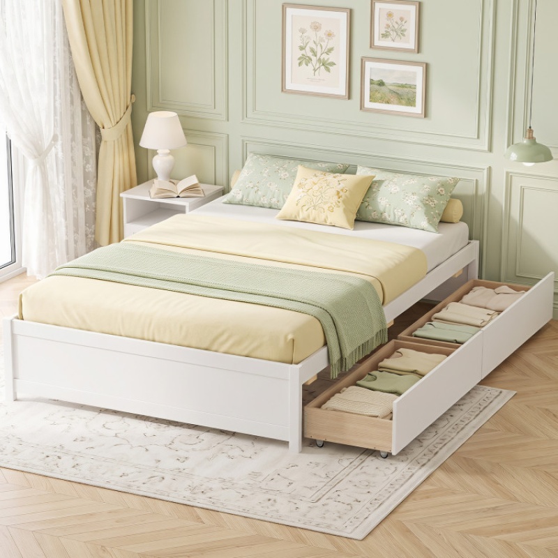 Queen Size Bed Frame With 2 Rolling Storage Drawers-White