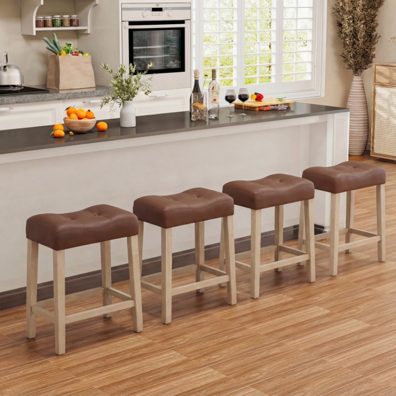 Set Of 4 Upholstered Counter Height Bar Stool With Curved Saddle-Seat-Natural