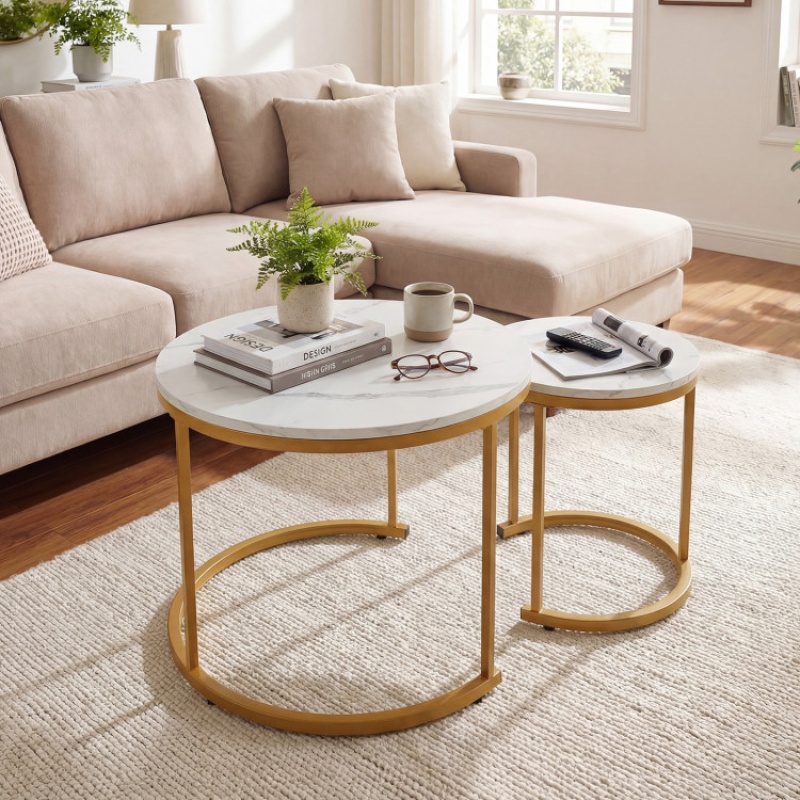 Set Of 2 Modern Round Stacking Nesting Coffee Tables-Golden