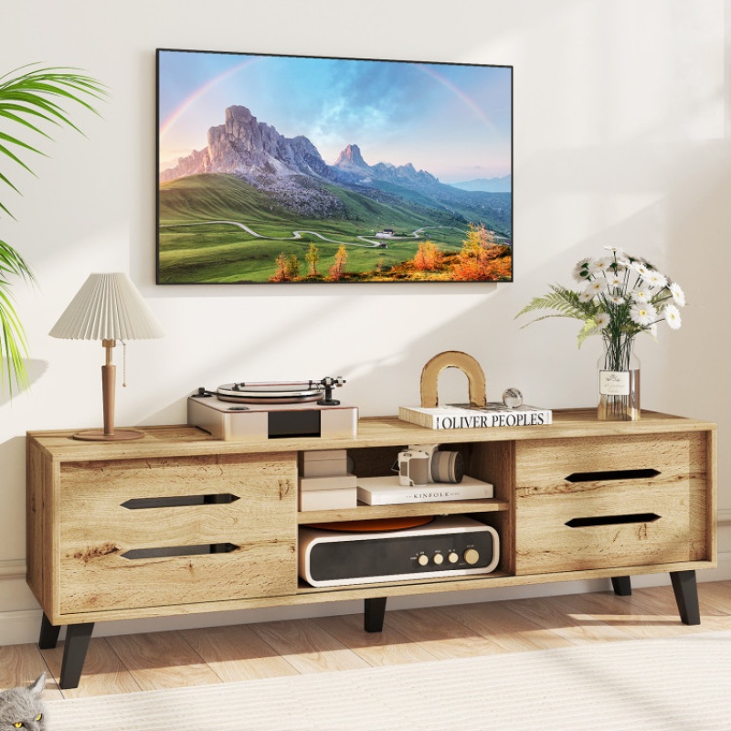 Natural Mid-Century Modern TV Stand with Sliding Doors