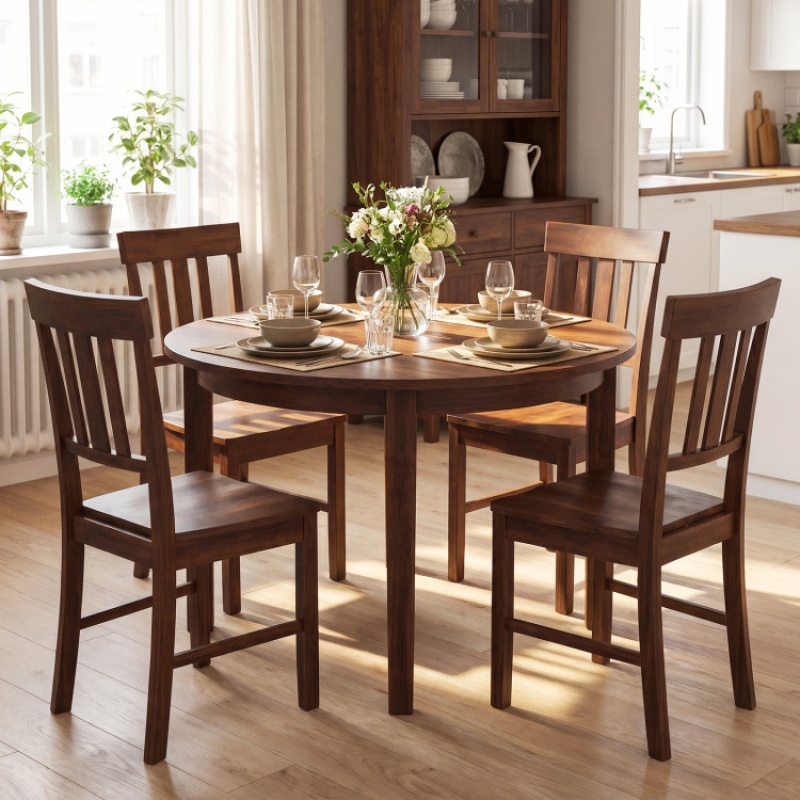 Rubber Wood Dining Chairs Set Of 4 With High Slat Backrests-Brown
