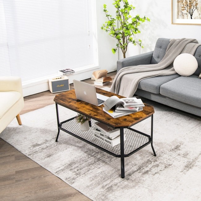 2-Tier Industrial Coffee Table Central Table With Metal Mesh Shelf For Living Room