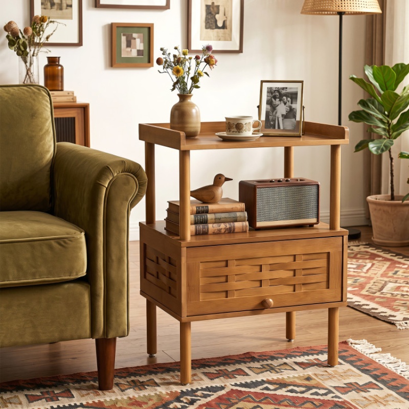 Bamboo Rattan Nightstand With Raised Edge Flip-Up Door And Open Shelf-Walnut