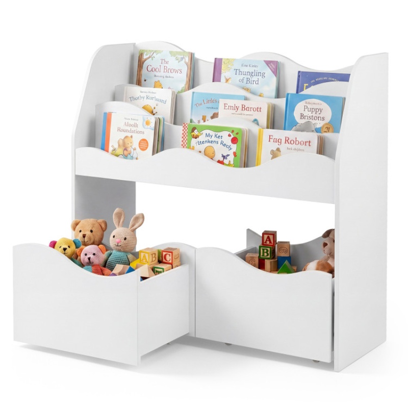 Kids Toy Wooden Storage Organizer With 2 Rolling Drawers For Kids Room