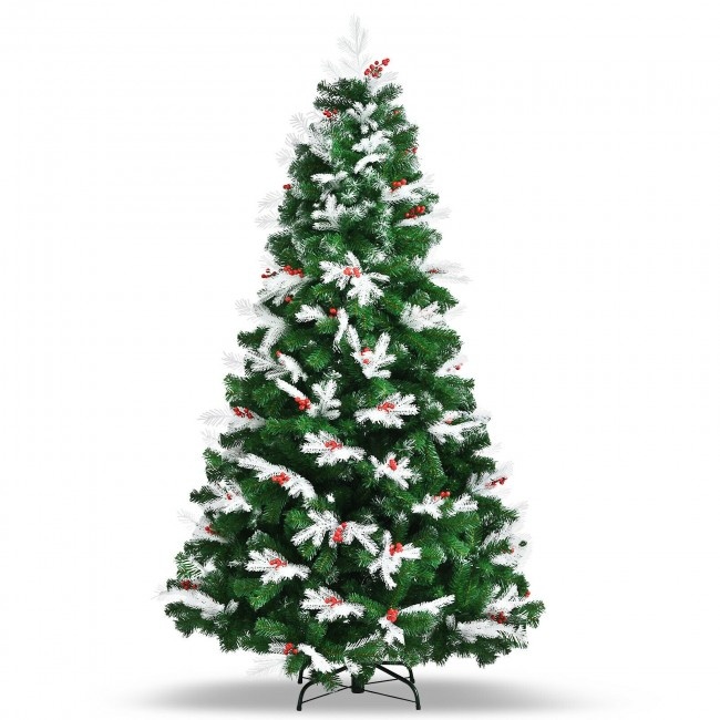 Unlit Snowy Hinged Christmas Tree With Mixed Tips And Red Berries