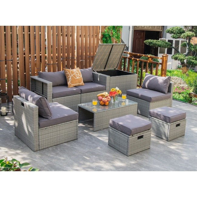 8 Pieces Patio Cushioned Rattan Furniture Set With Storage Waterproof Cover And Space-Saving Design