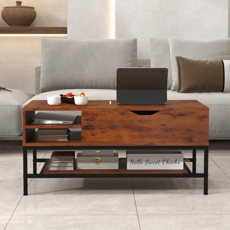 Lift Top Coffee Table With Hidden Compartment And Removable Storage Shelf-Rustic Brown