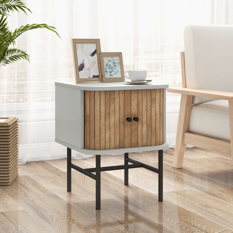 Mid-Century Modern Nightstand With Sliding Doors And Storage Cabinet-White