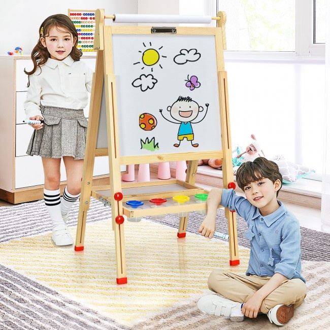 Kids Art Easel With Paper Roll DoubleSided Regulable Drawing Easel Plank