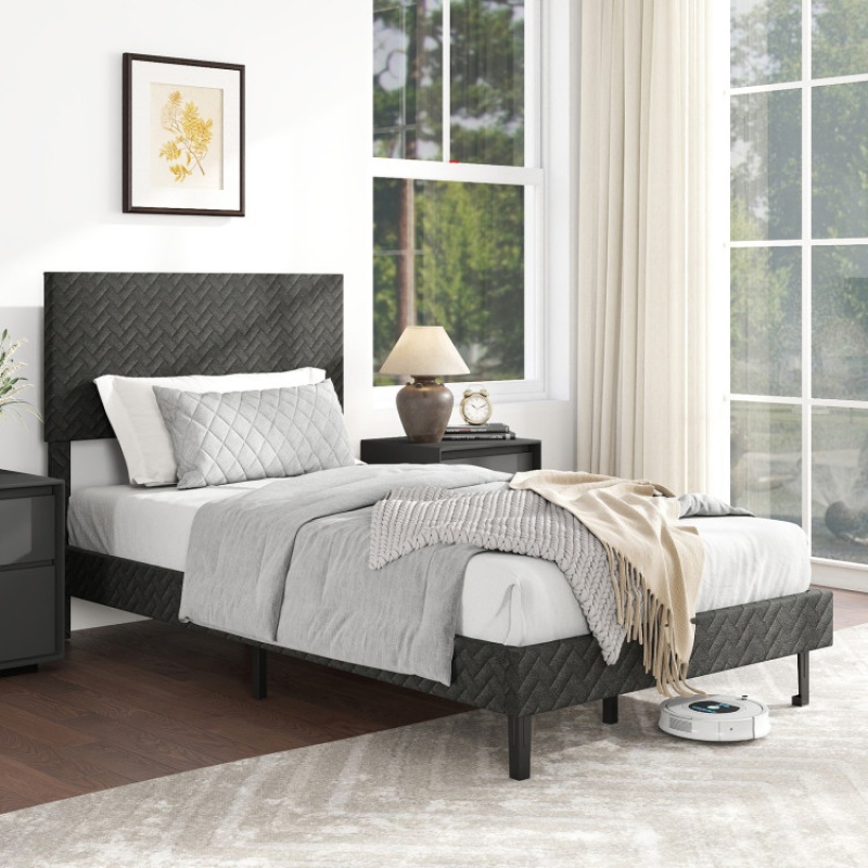 Twin/Full/Queen Size Velvet Bed Frame Upholstered Platform Bed With Chevron Headboard Gray-Twin