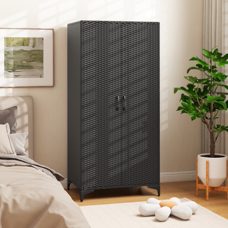 62 Inch Wicker Wardrobe With 2 Doors Pe Rattan Closet With Hanging Rod-Black