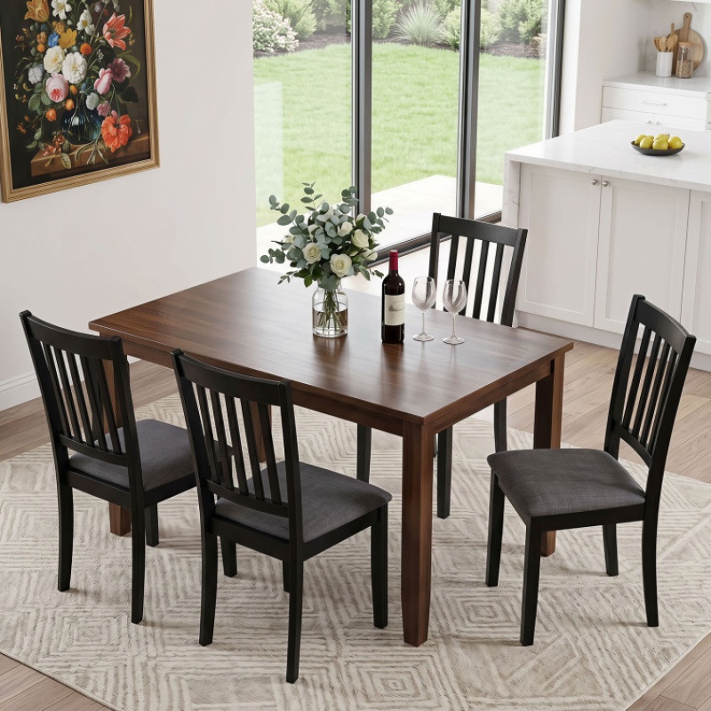 Set of 4 Black Wooden Upholstered Dining Chairs