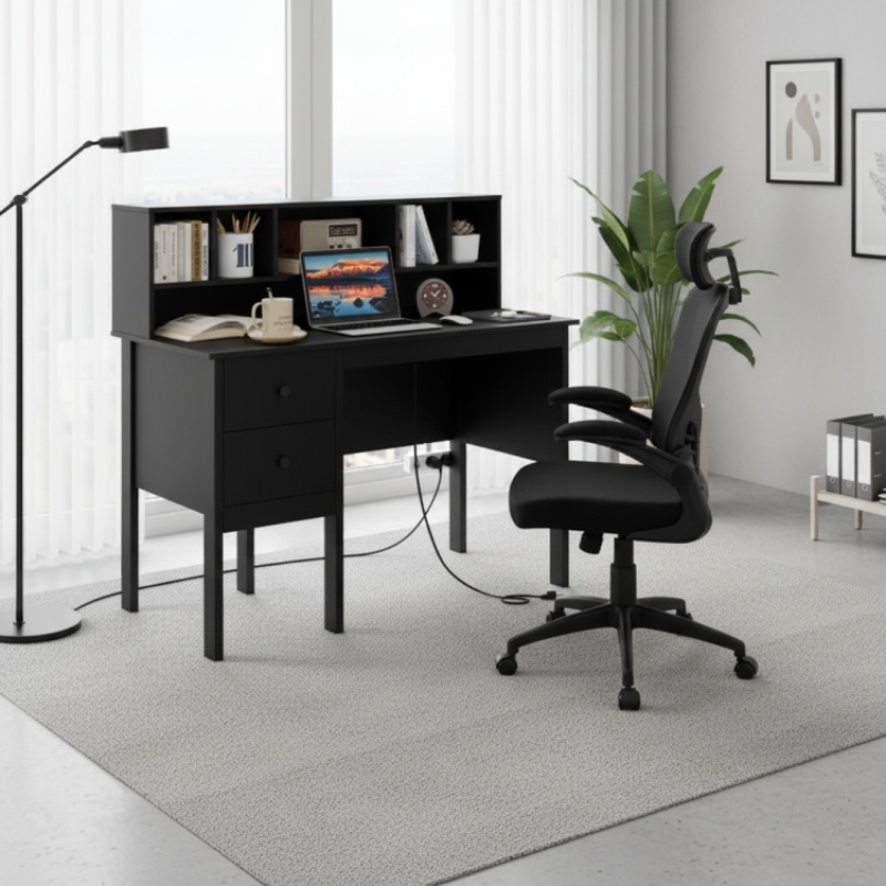 Black 48 Inch Computer Desk And Ergonomic Mesh Office Chair Bundle For Home Office