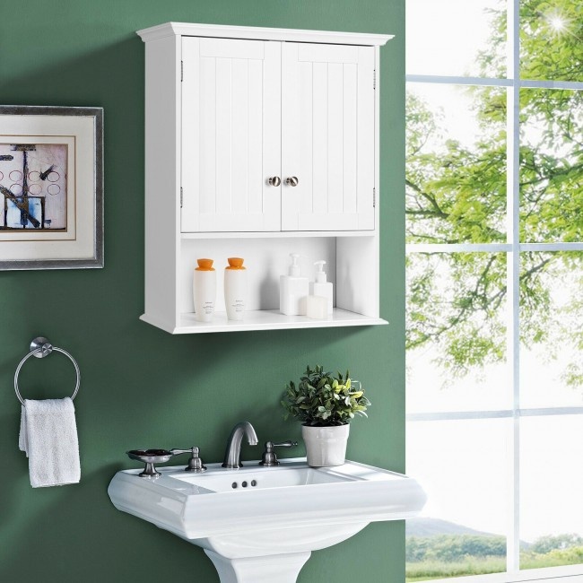 Wall Mount Bathroom Storage Organizer With Doors And Shelves