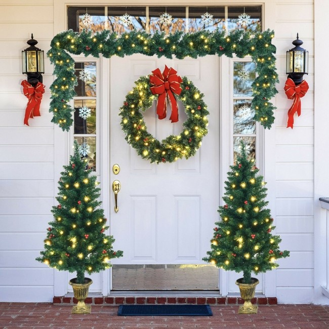 4 Pieces Christmas Decoration Set With Garland Wreath And Entrance Trees