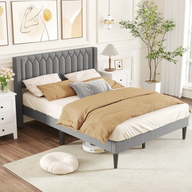 Queen Size Upholstered Platform Bed with Wingback Headboard
