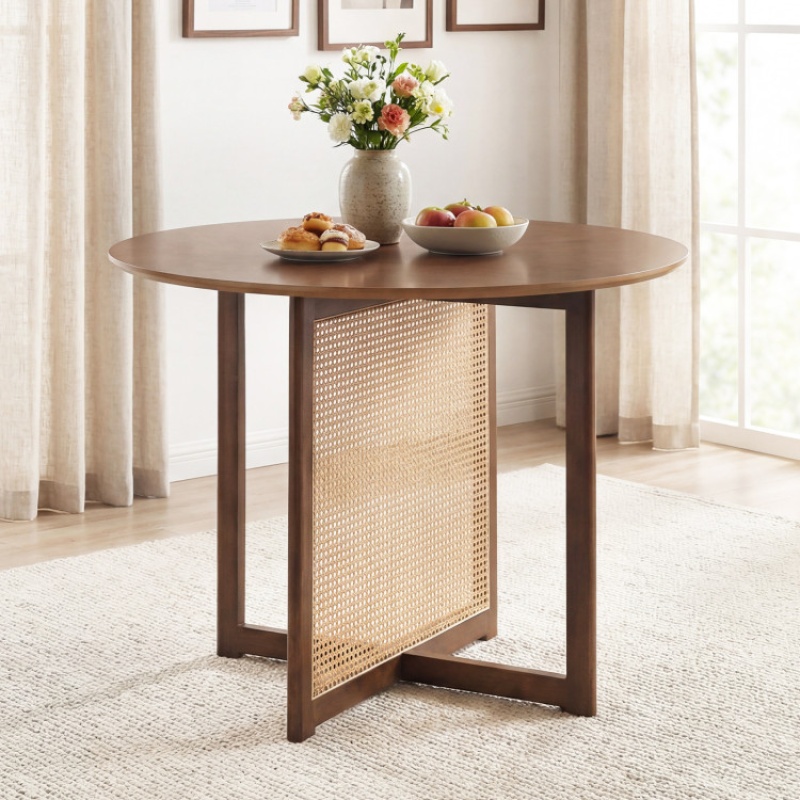 37.5 Inch Round Dining Table With Cross Pedestal Base-Walnut