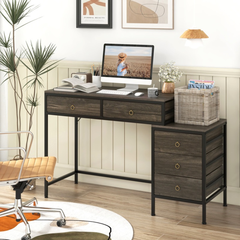 Computer Desk With 5 Drawers Home Office Desk With Side File Cabinet-Grey