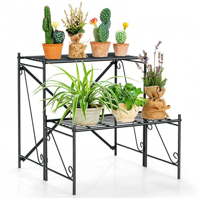 2-Tier Stair Style Metal Plant Stand For Indoor And Outdoor