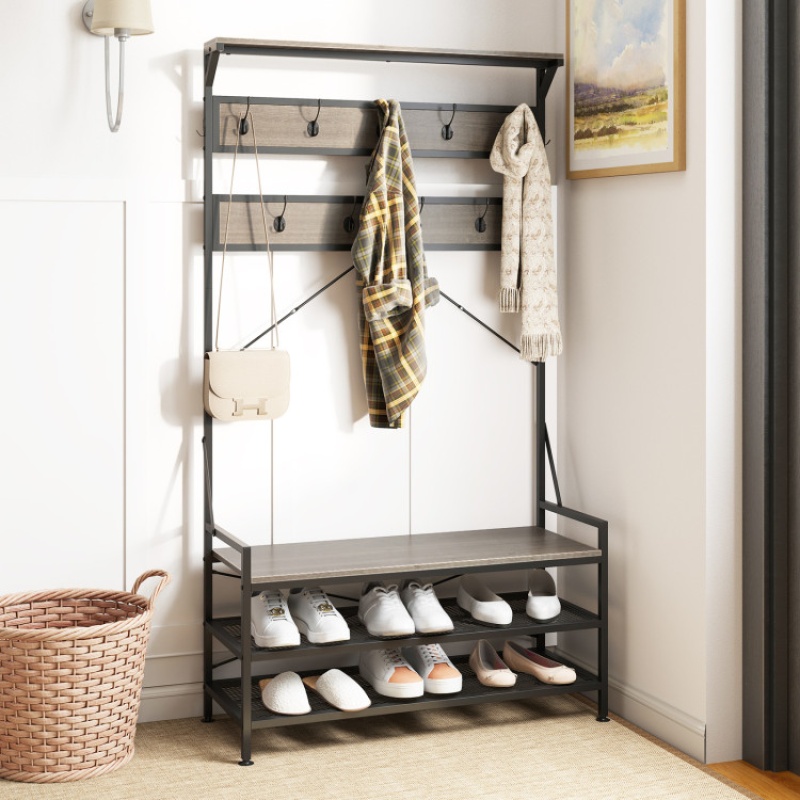 4-in-1 Hall Tree with Shoe Bench - Gray