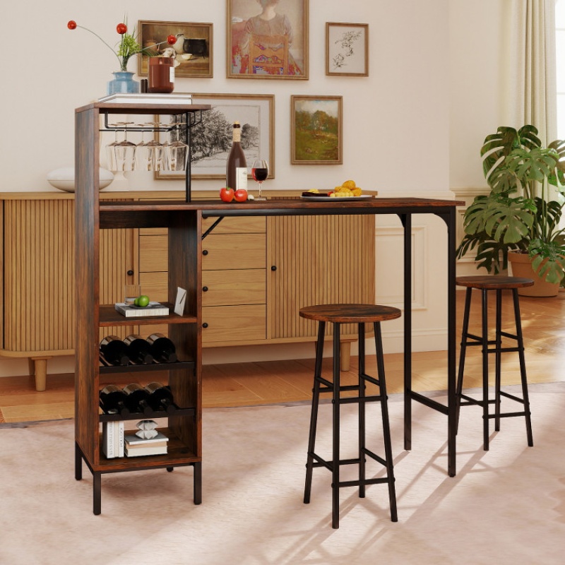 3 Piece Bar Table And Chairs Set With 6-Bottle Wine Rack-Rustic Brown