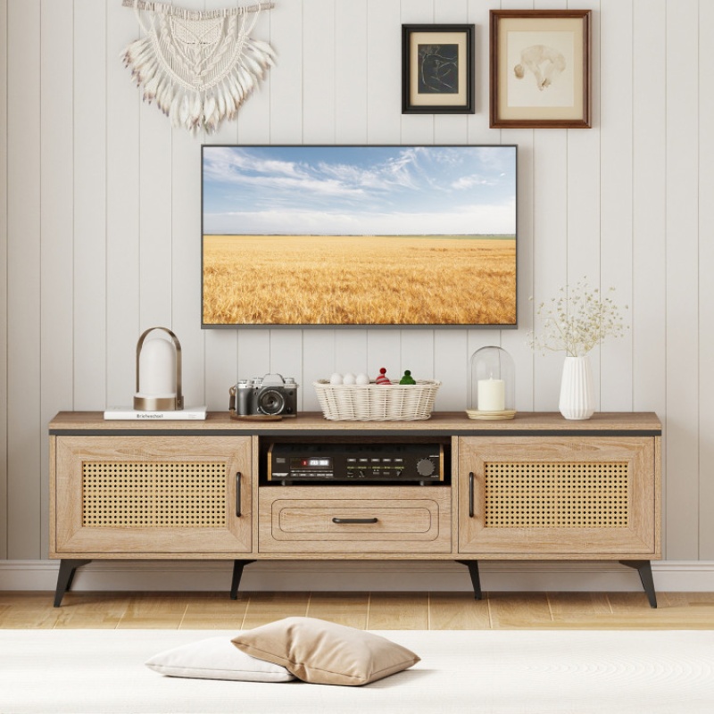 Mid Century Modern Entertainment Center With 2 Cabinets And Storage Drawer-Oak