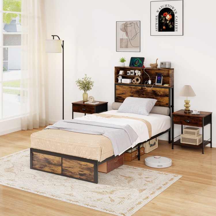 Metal Platform Bed with Storage Headboard