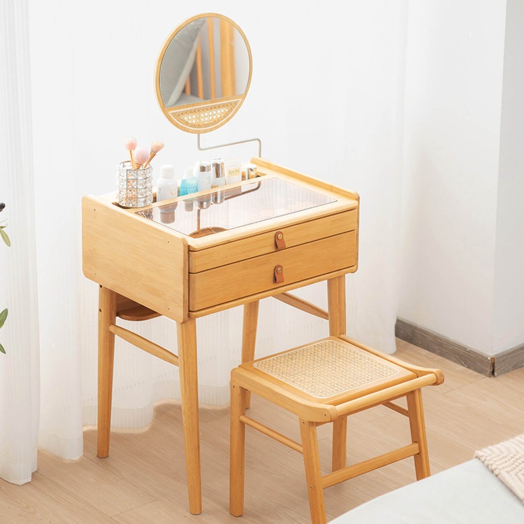 Bamboo Makeup Vanity Table With Stool and Rotating Mirror