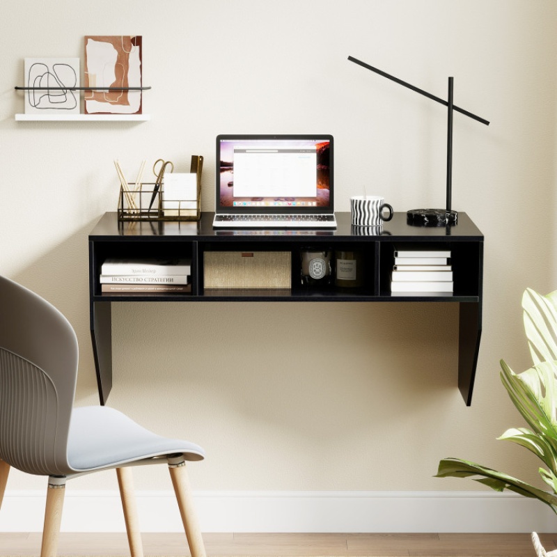Wall-Mounted Computer Desk Floating Laptop Desk With 3 Storage Compartments-Black