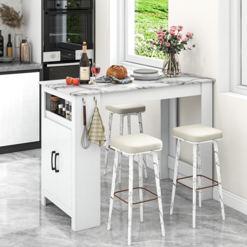 Bar Table Faux Marble Pub Table With 7 Hanging Hooks Compartment-White