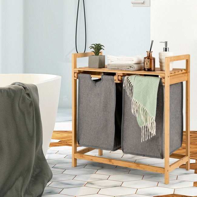 Bamboo Laundry Hamper With Dual Compartments Laundry Sorter And Sliding