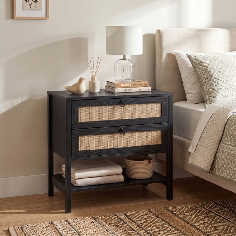 Boho Rattan Nightstand With 2 Drawers And Bottom Open Shelf-Black