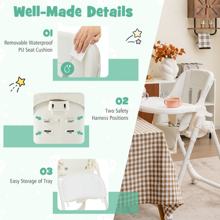 Folding High Chair With Height Adjustment And 360° Rotating Wheels